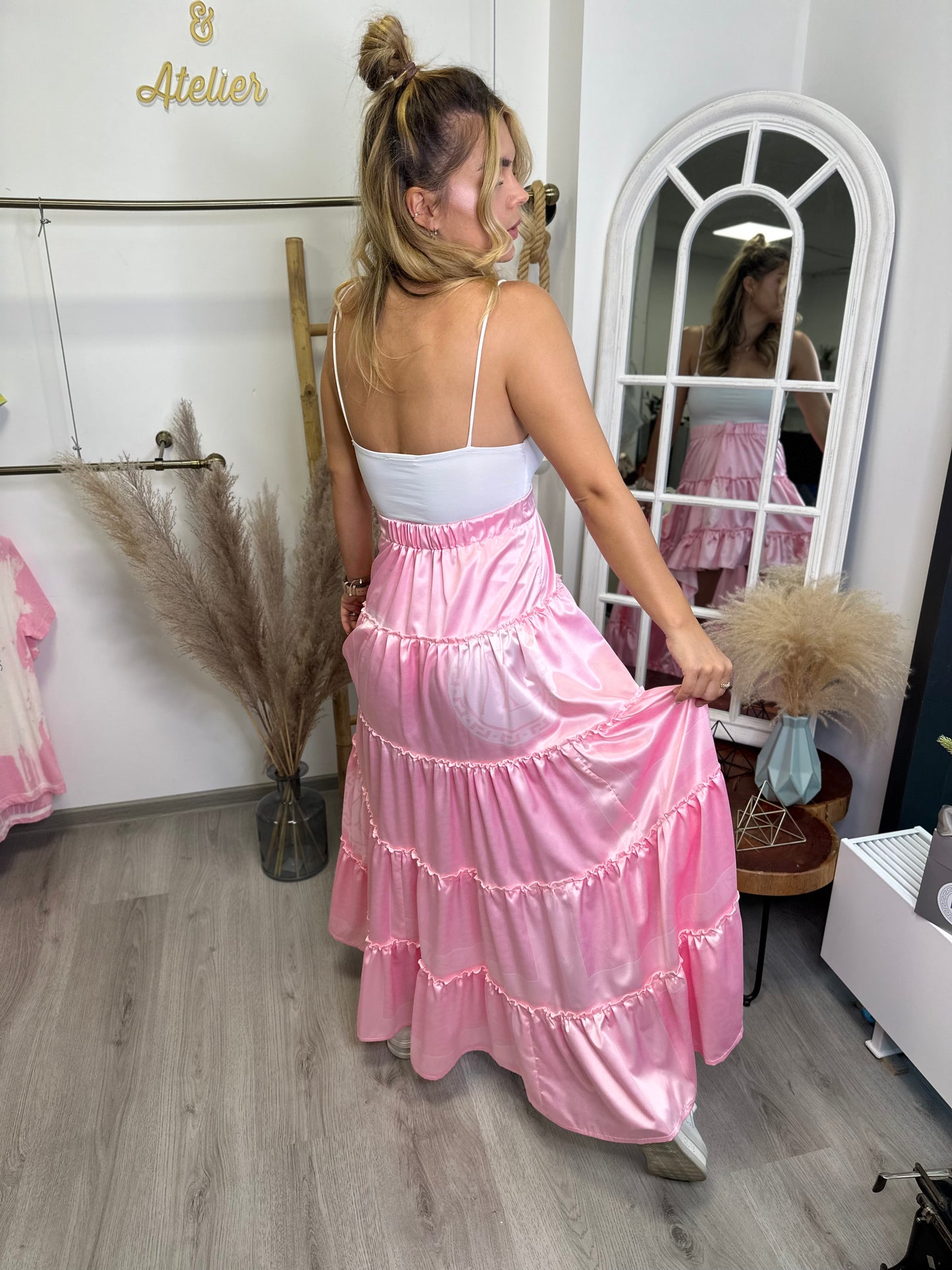 Pink satin frilled skirt